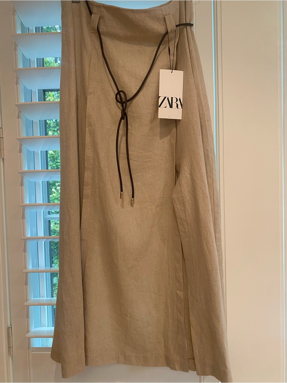 Zara Taupe Linen Midi Dress with Tie Detail new